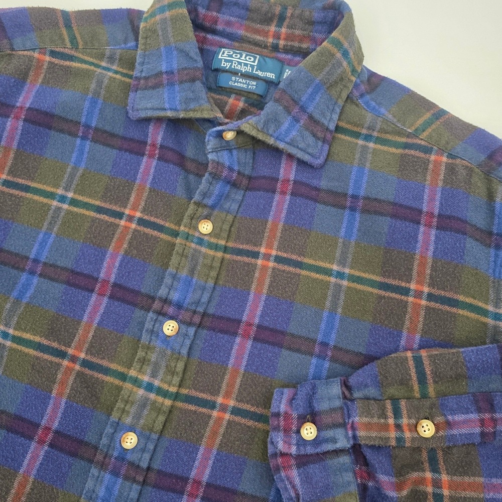 VINTAGE 90S POLO RALPH LAUREN STANTON FLANNEL SHIRT MENS XL BLUE GREEN PLAID EUC